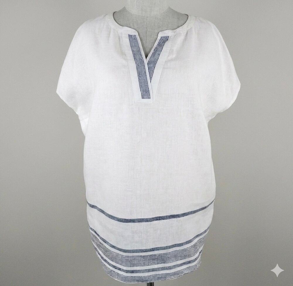 Talbots Top Women's 1X White Linen Striped Boho Coastal Relaxed Minimalist Tunic